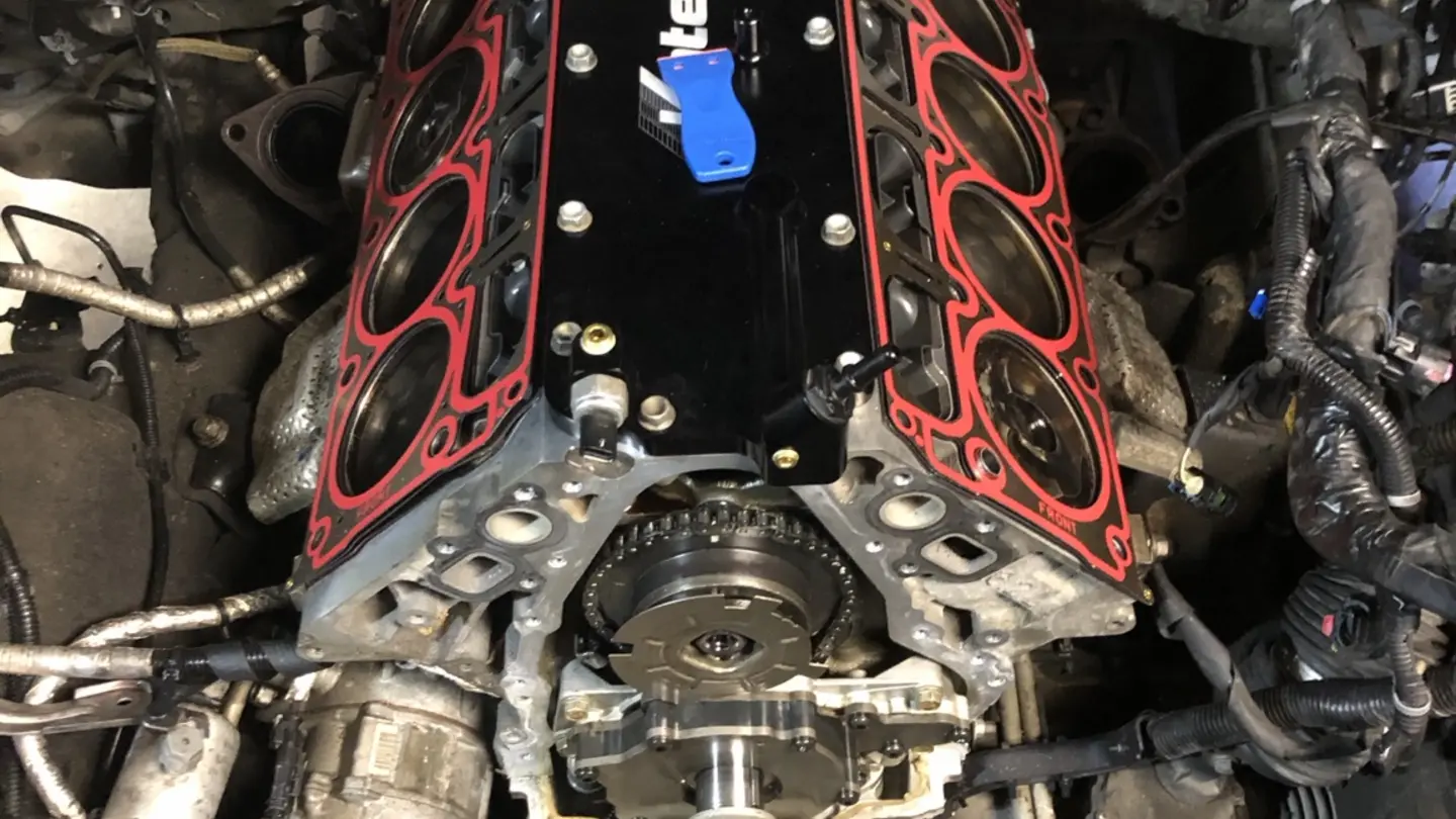 L86 engine in a truck during camshaft and timing-system assembly
